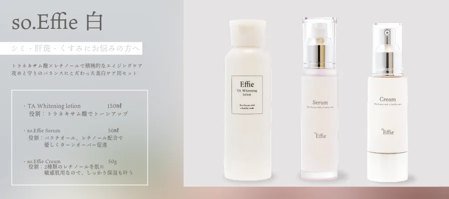 so.Effie 白セットの内容（TAホワイトニングローション・セラム・クリーム）と各アイテムの役割を並べた紹介画像